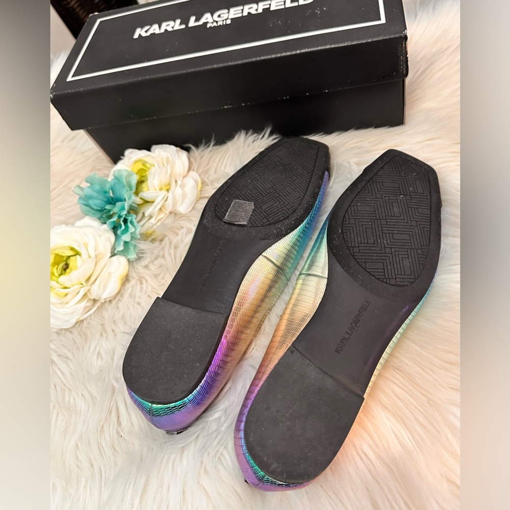 Karl Lagerfeld Paris Zayna MultiI Colored Metallic Black Flats Sz 9M NEW! FIRM! - Picture 9 of 10